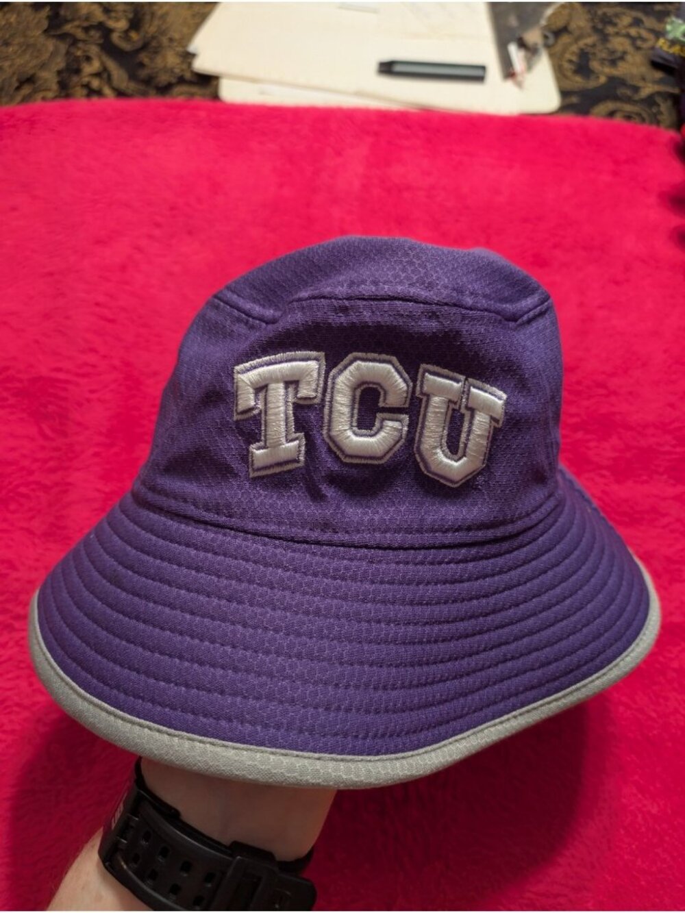 New Era TCU Horned Frogs Bucket Hat Purple Grey Performance Gameday Cap Hole